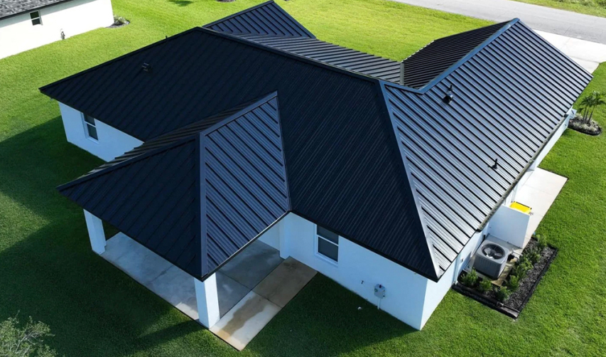 Luxury Home with Black Metal Roofing Tiles.